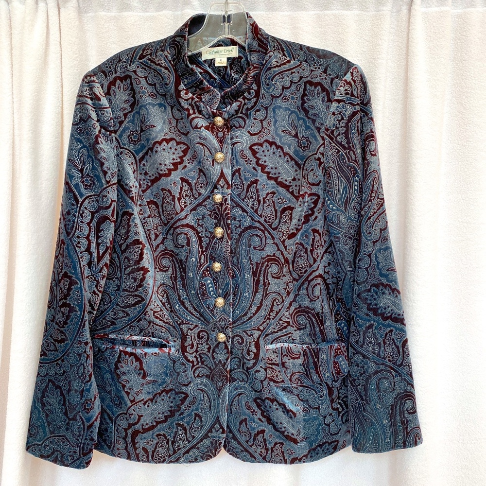 Coldwater Creek Jacket Velvet Paisley Blue & Brown Print Size M